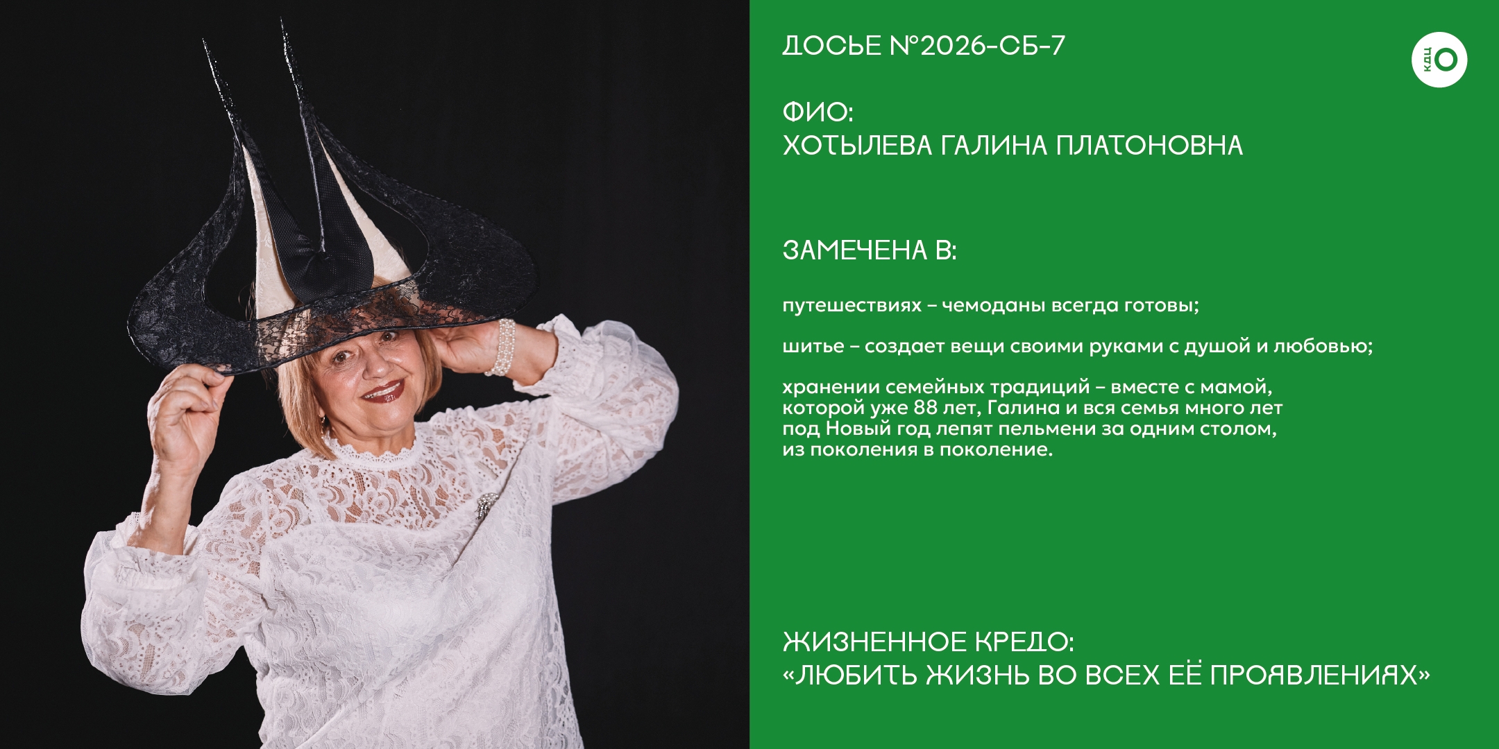 Досье № 2026-СБ-7 на участницу конкурса. Слева — портрет элегантной женщины в чёрном костюме и необычной шляпе. Справа на зелёном фоне — текст: ФИО и подробный текст.